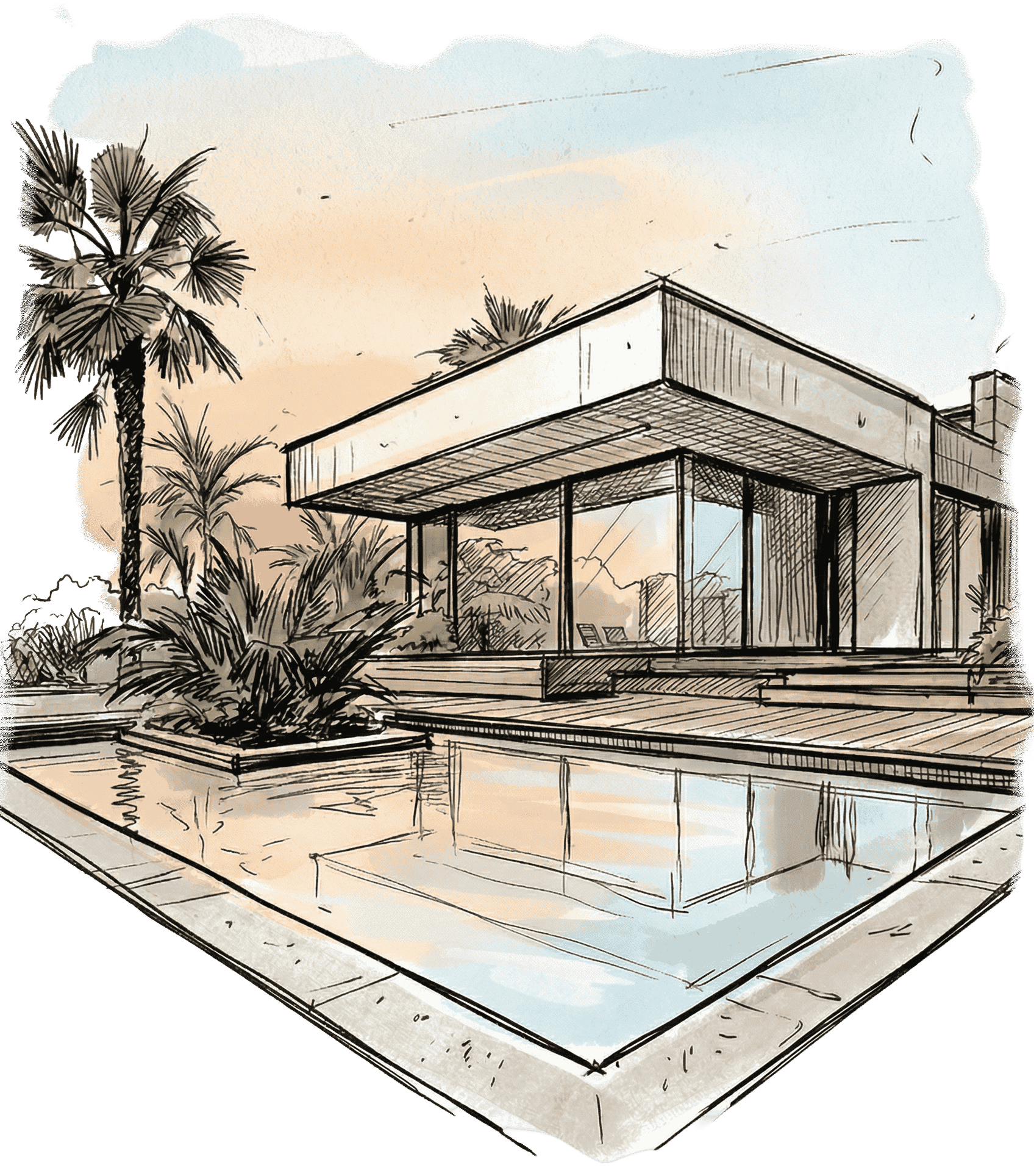Architectural sketch of home office workspace